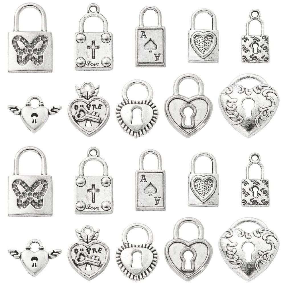 8196 100pcs Tibetan Mixed Styles Poker Heart Lock Charms Antique Silver